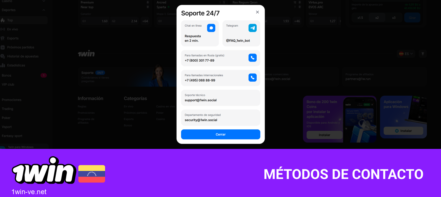 Opciones de soporte en 1Win: email, chat en vivo y redes sociales